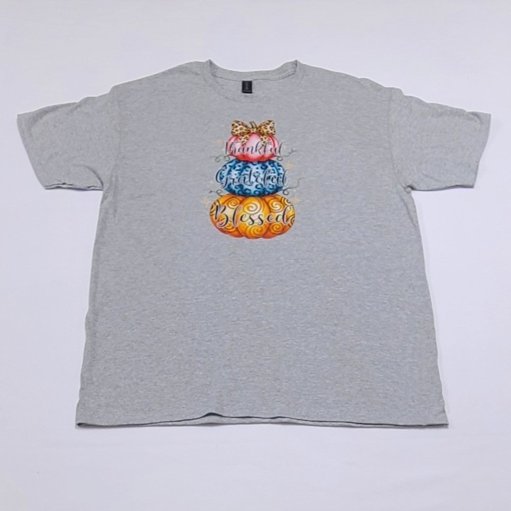 Gildan Thankful Grateful Blessed Pumpkin Graphic T-Shirt Gray Large L